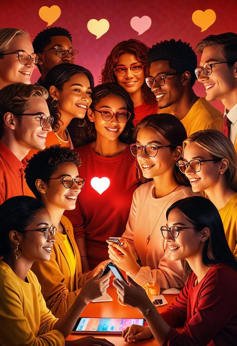 A vibrant scene depicting a diverse group of people connected through technology, sharing ideas and emotions via glowing screens and holograms. Include warm colors to evoke passion and intimacy, with subtle heart motifs in the background to symbolize deep connections. Integrate elements of digital communication like chat bubbles and social media icons. super-realistic. vibrant colors. dynamic composition.