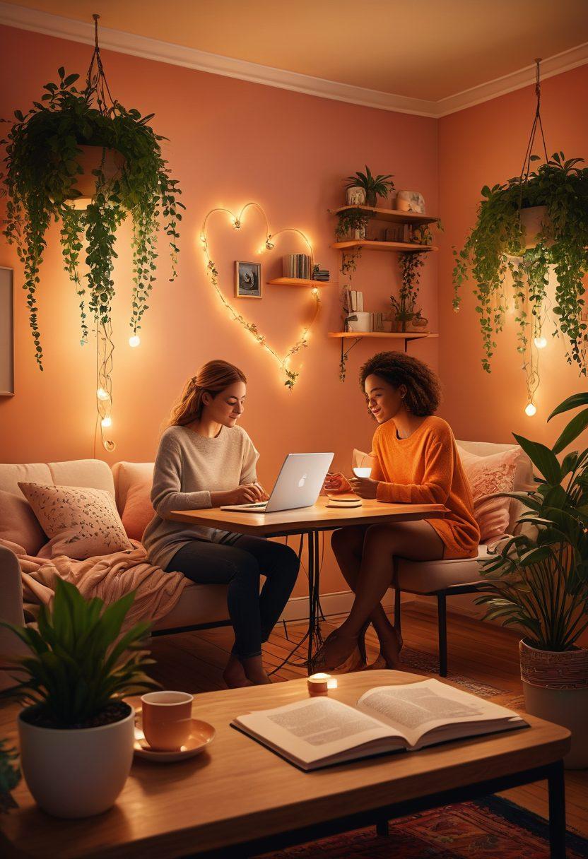 A warm, inviting scene featuring two people video chatting, their screens glowing softly at night, surrounded by heartfelt symbols like hearts and connection lines. In the background, a cozy room filled with plants, dim light, and a small table with comforting items like tea cups and books, symbolizing intimacy through technology. The colors are soft and warm to evoke feelings of love and connection. super-realistic. vibrant colors. cozy atmosphere.