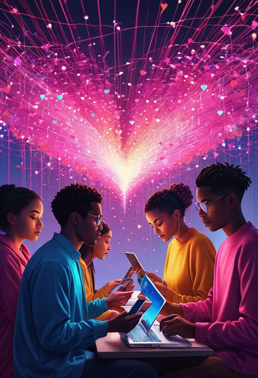 A vibrant digital artwork showcasing a diverse group of people from around the world connecting through various devices, with floating pixelated hearts and glowing network lines weaving between them. The background features a mesmerizing blend of colors symbolizing creativity and connection. super-realistic. vibrant colors. digital art.